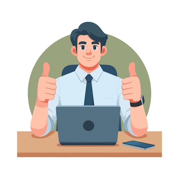 O empregado do homem levanta o polegar com o portátil Flat Vector