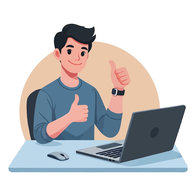 O empregado do homem levanta o polegar com o portátil Flat Vector