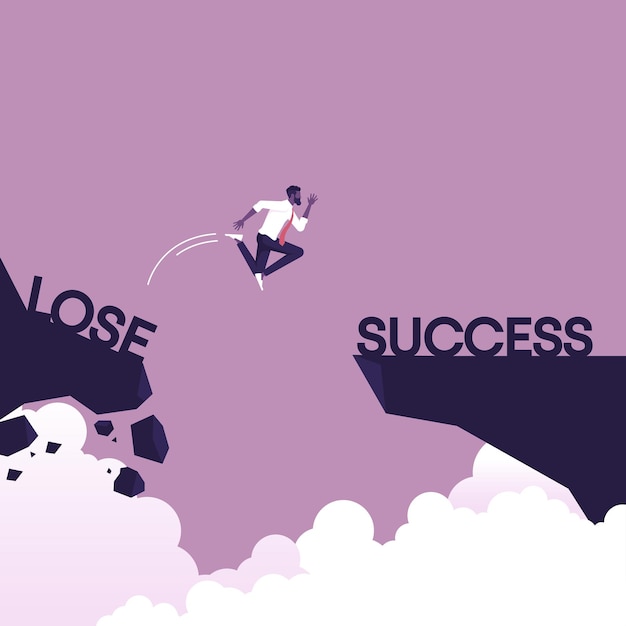 O empresário pulando do lado perdido na rocha para o desafio de negócios de sucesso e o conceito de vetor de sucesso