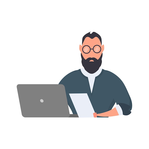 O empresário trabalha em um laptop. Um homem de paletó. Isolado. Vetor.