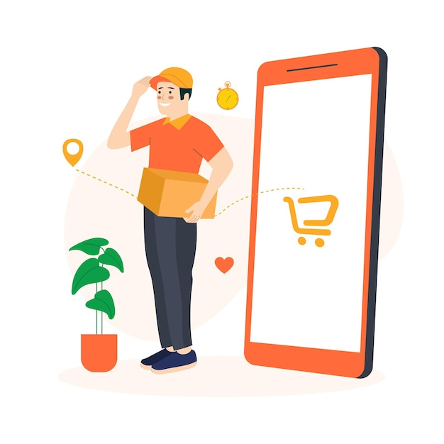 O entregador saiu do smartphone e entregou o pacote da loja online.