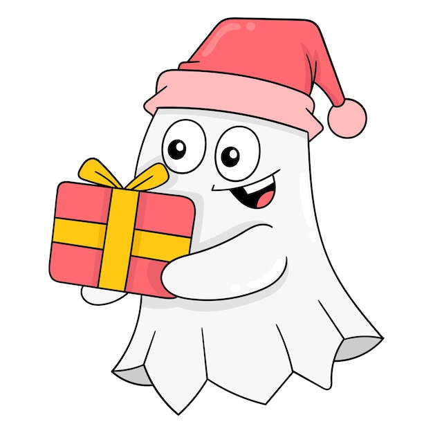 O fantasma está carregando um presente de aniversário de natal ilustração vetorial arte doodle imagem ícone kawaii
