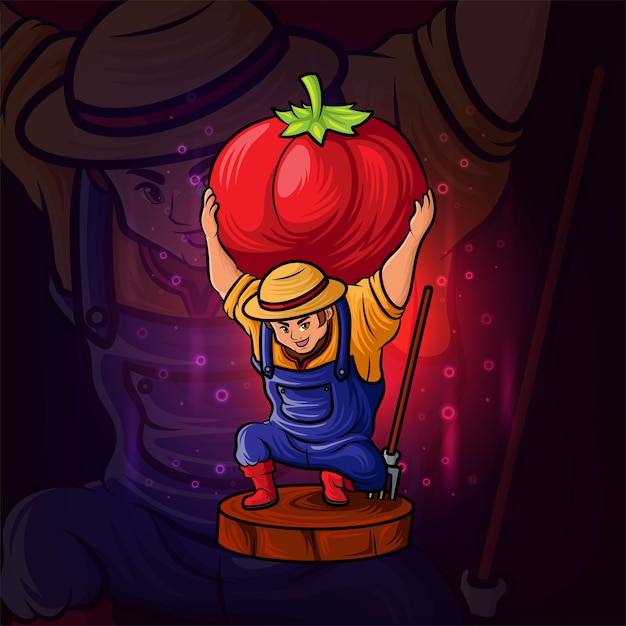 O fazendeiro com o desenho do logotipo esport grande do grande tomate para ilustração