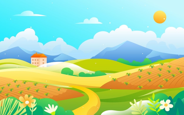 O fazendeiro está cultivando na primavera, no campo e na natureza ao fundo, ilustração vetorial