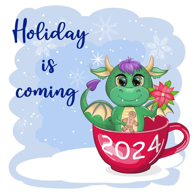 O feriado está chegando dragão verde de desenho animado bonito com chapéu de papai noel calendário chinês de ano novo de 2024