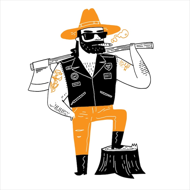 Vetor o fora-da-lei estava parado ao lado do toco que havia cortado com seu machado. vetor de ilustração