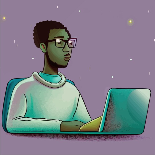 O freelancer masculino de couro preto trabalha no café o jovem está sentado à mesa e usando um laptop para um