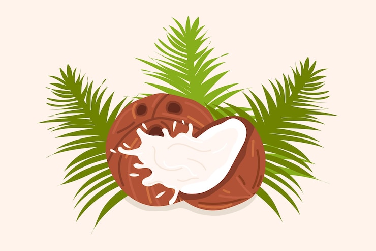 Vetor o fruto tropical do coco é o coco, os chips de coco, o coco cresceu em uma palmeira, o leite de coco é um coquetel artístico, uma fruta pintada em um vetor de estilo plano, leite delicioso.