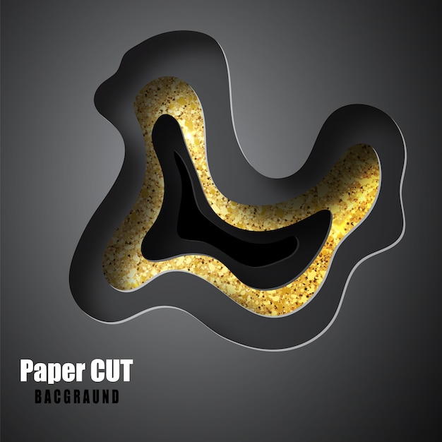 O fundo 3d abstrato com ouro e formas pretas cortou formas. projeto do fundo das camadas do papercut 3d. conceito de topografia abstrata ou papel de forma suave de origami e textura fluida líquida