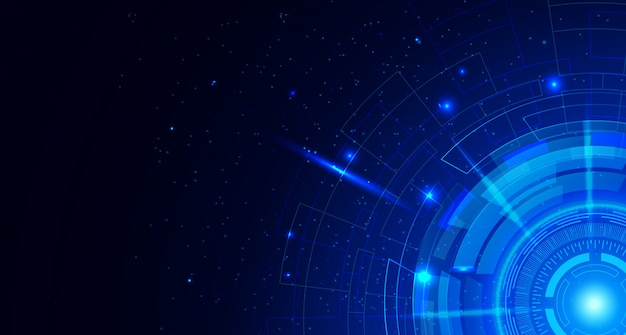 O fundo alta tecnologia abstrato de uma comunicação com elementos de HUD circunda a inovação azul futurista digital do inclinação da cor dos conceitos de tecnologia. .