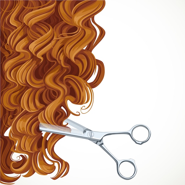 O fundo com tesouras é igual a cabelo castanho encaracolado