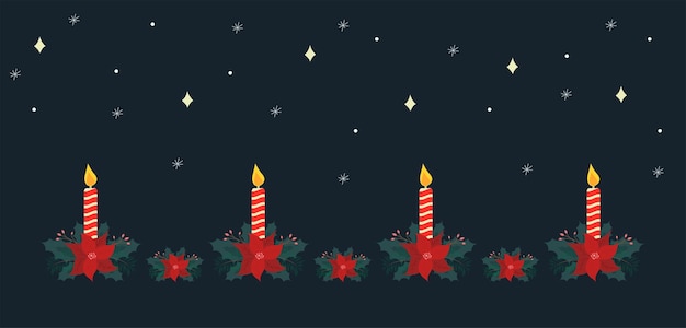 O fundo do Natal do Advento com vela acesa decorada com bagas de estrelas de poinsétia deixa um