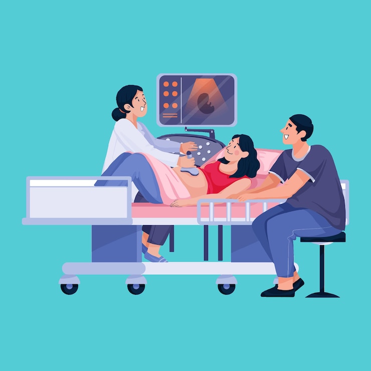 Vetor o futuro pai acompanha a futura mãe para verificar e escanear a saúde do feto
