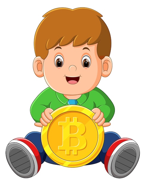 O garotinho está sentado e brincando com um grande bitcoin