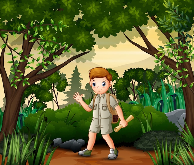 O garoto explorador com mapa e mochila realizando atividade ao ar livre