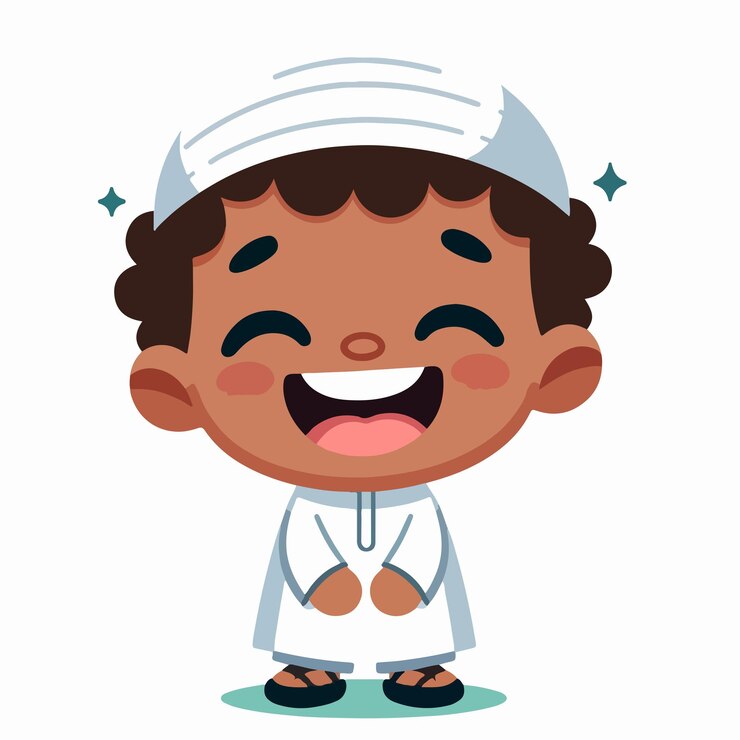 Vetor o garoto muçulmano vetorial está feliz, alegre e animado com um estilo de design plano simples e de desenho animado