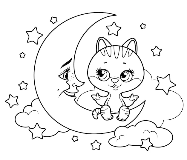 O gatinho de desenho animado senta-se na lua crescente e conta algo delineado para colorir em um fundo branco