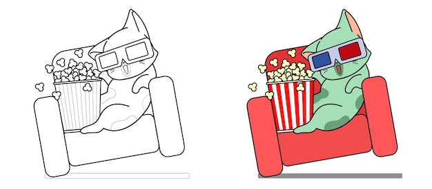 O gato adorável está assistindo a uma página para colorir de desenho animado de um filme para crianças