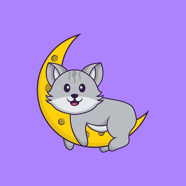 O gato bonito está na lua. Conceito de desenho animado animal isolado. Estilo Flat Cartoon