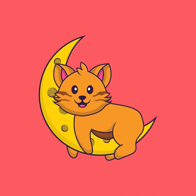 O gato bonito está na lua. Conceito de desenho animado animal isolado.