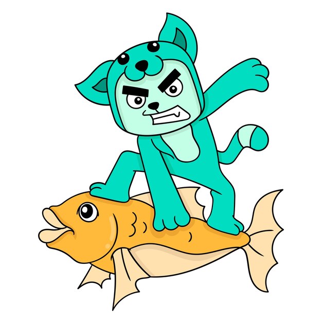 O gato está brincando com o grande peixinho dourado caindo no mar, arte de ilustração vetorial. imagem de ícone do doodle kawaii.