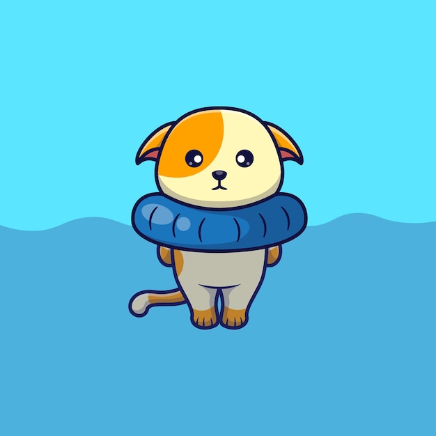 O gato flutua na ilustração animal do vetor bonito dos desenhos animados da água