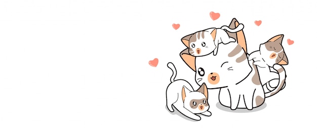 O gato kawaii está amando três gatos fofinhos