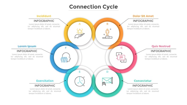 O gráfico circular consistia em 6 elementos redondos interceptados ou sobrepostos. conceito de ciclo de produção com seis etapas. modelo de design criativo infográfico. ilustração vetorial para relatório de negócios.