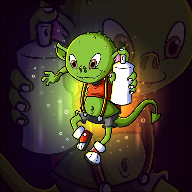 O grafiteiro goblin segura o desenho da ilustração do mascote do esporte em spray de tinta