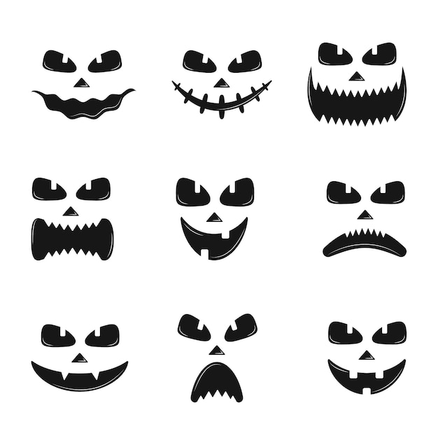 O grupo de abóbora enfrenta os ícones da silhueta para halloween isolados no branco. sorriso assustador de diabo de abóbora, assustador jack o lanterna. ilustração em vetor em estilo simples.