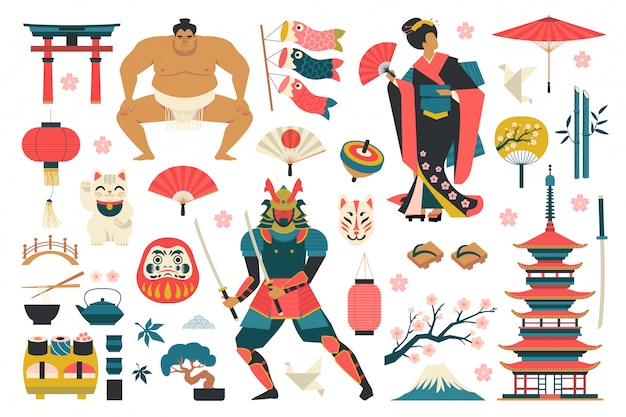 O grupo de elementos tradicionais japoneses vector a ilustração.