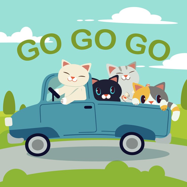 Vetor o grupo de gato bonito personagem dirigindo um carro azul para ir para a viagem