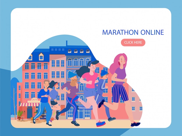 O grupo de pessoas participa de uma maratona, uma ilustração moderna e plana nas cores azuis. desafio da maratona ao redor do mundo, corra uma maratona online em 2020.