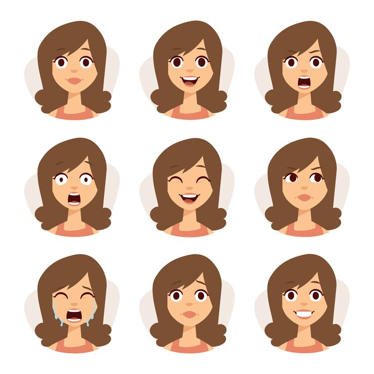 O grupo isolado de expressões do avatar da mulher enfrenta a ilustração das emoções.