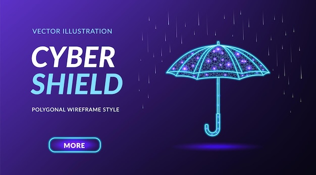 O guarda-chuva protege o escudo cibernético 3d landing page abstrato chuva segurança vida defesa objeto garantia futurista informações ou proteção de rede design de wireframe conceito digital vetorial