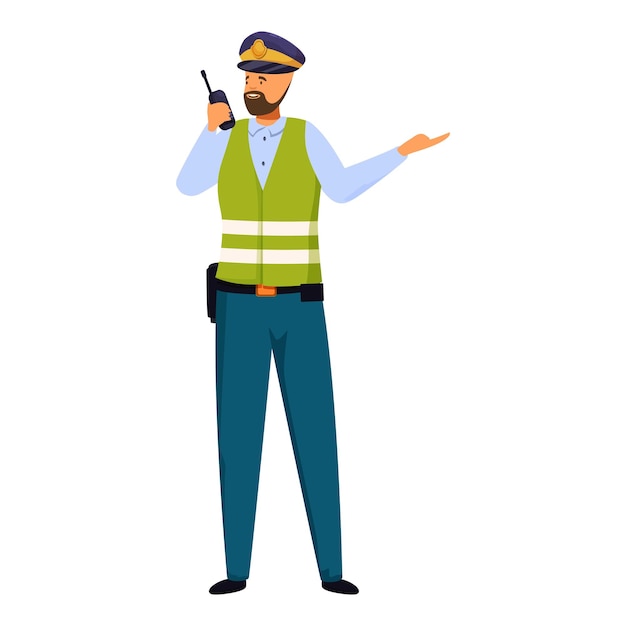 O guarda de segurança a falar por walkie-talkie e a apontar com a mão.