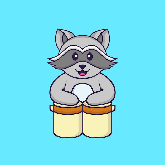 O guaxinim fofo está tocando bateria. animal cartoon concept isolated