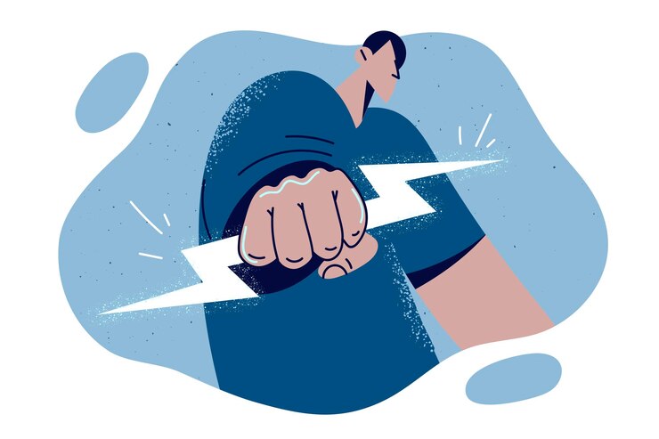 Vetor o homem apertou o relâmpago no punho e ficou em pose ameaçadora para demonstrar determinação o relâmpago é uma metáfora para força e poder nas mãos de uma pessoa confiante que quer fazer a revolução