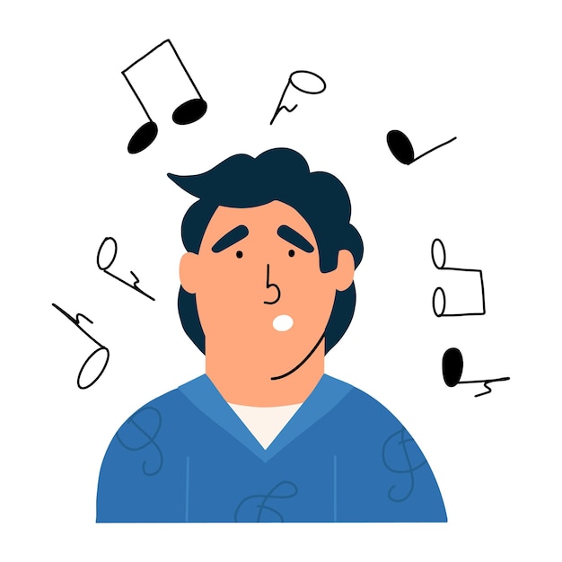 O homem cantarola uma melodia. música obsessiva na cabeça. ilustração vetorial em chiqueiro