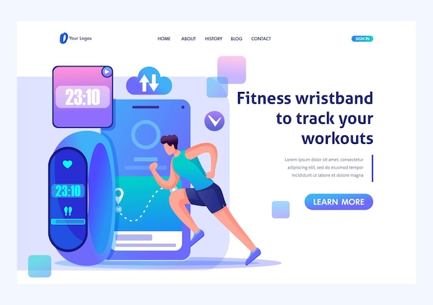 O homem corre usando uma pulseira de fitness e rastreia seus treinos Conceitos de página de destino de personagem 2D plana e design da web