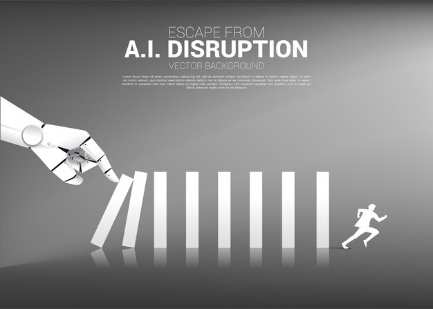 O homem de negócios corre longe do efeito de dominó da mão do robô.