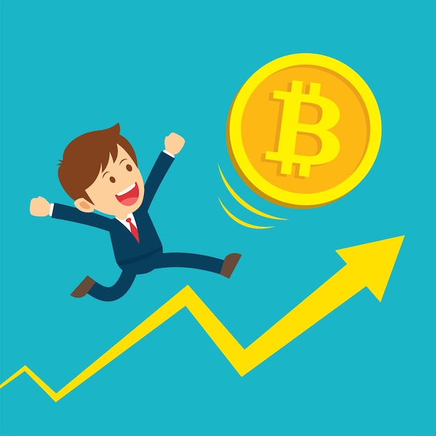 O homem de negócios que corre em gráficos está feliz nos preços do bitcoin acima.