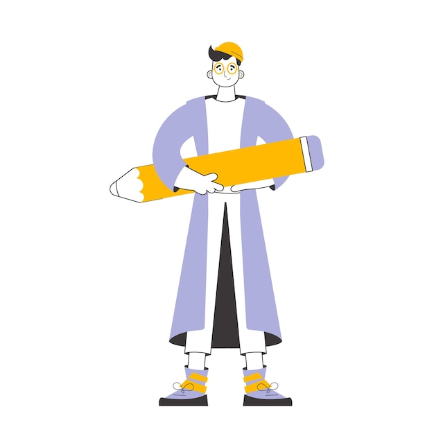 O homem está segurando um estilo de arte de linha de lápis isolado na ilustração vetorial de fundo branco