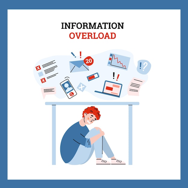 O homem está sobrecarregado de trabalho ou informações e, sob estresse, esconde-se do fluxo de dados