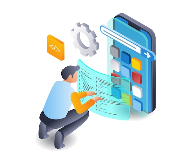 O homem faz aplicação com tecnologia linguagem de programação infografias isométricas planas ilustração 3D