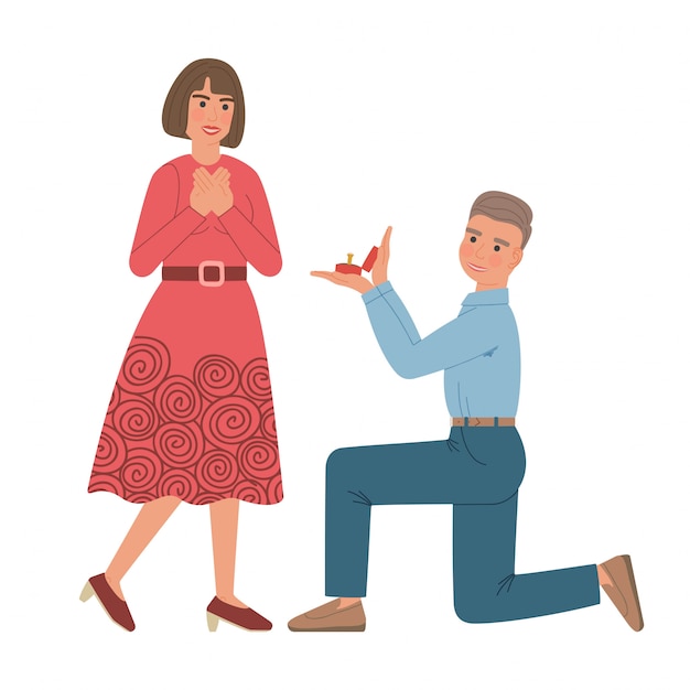 O homem faz proposta de casamento à mulher. Menino ajoelhado segura uma caixa com uma aliança de casamento para uma garota. Ambos estão sorrindo. Personagens de desenhos animados isolados.