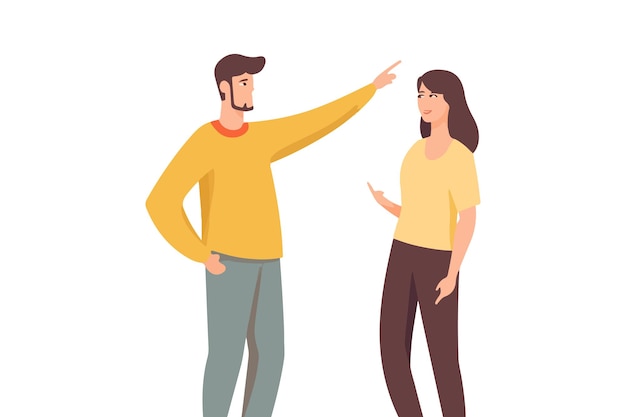 O homem mostra algo na frente O casal feliz é mostrado apontando os dedos para um espaço vazio ao lado imagem vetorial
