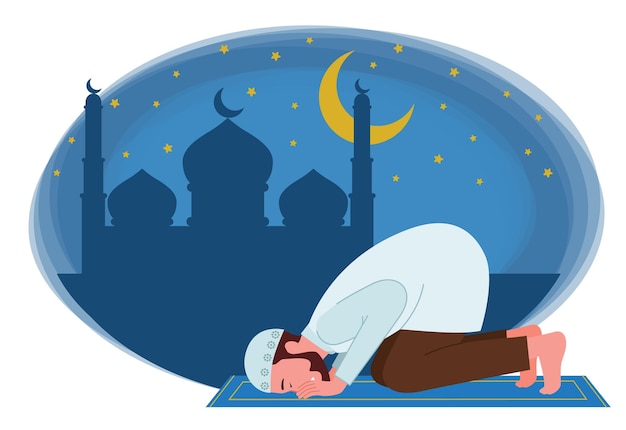 O homem muçulmano está rezando e se prostrando em seu tapete de oração à noite com a mesquita e o céu estrelado