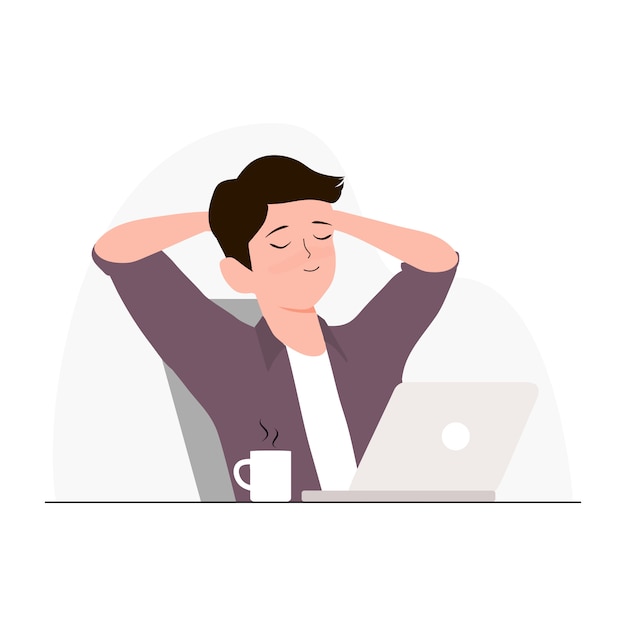 O homem relaxou o assento na cadeira com suas mãos na cabeça com ilustração do portátil e do café. Freelancer e conceito de renda passiva