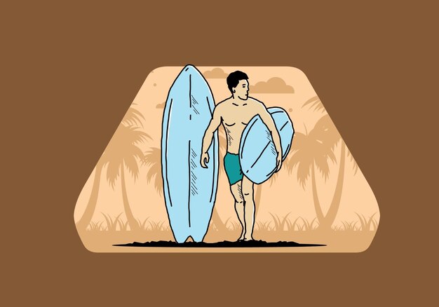 O homem sem camisa segurando a ilustração de prancha de surf